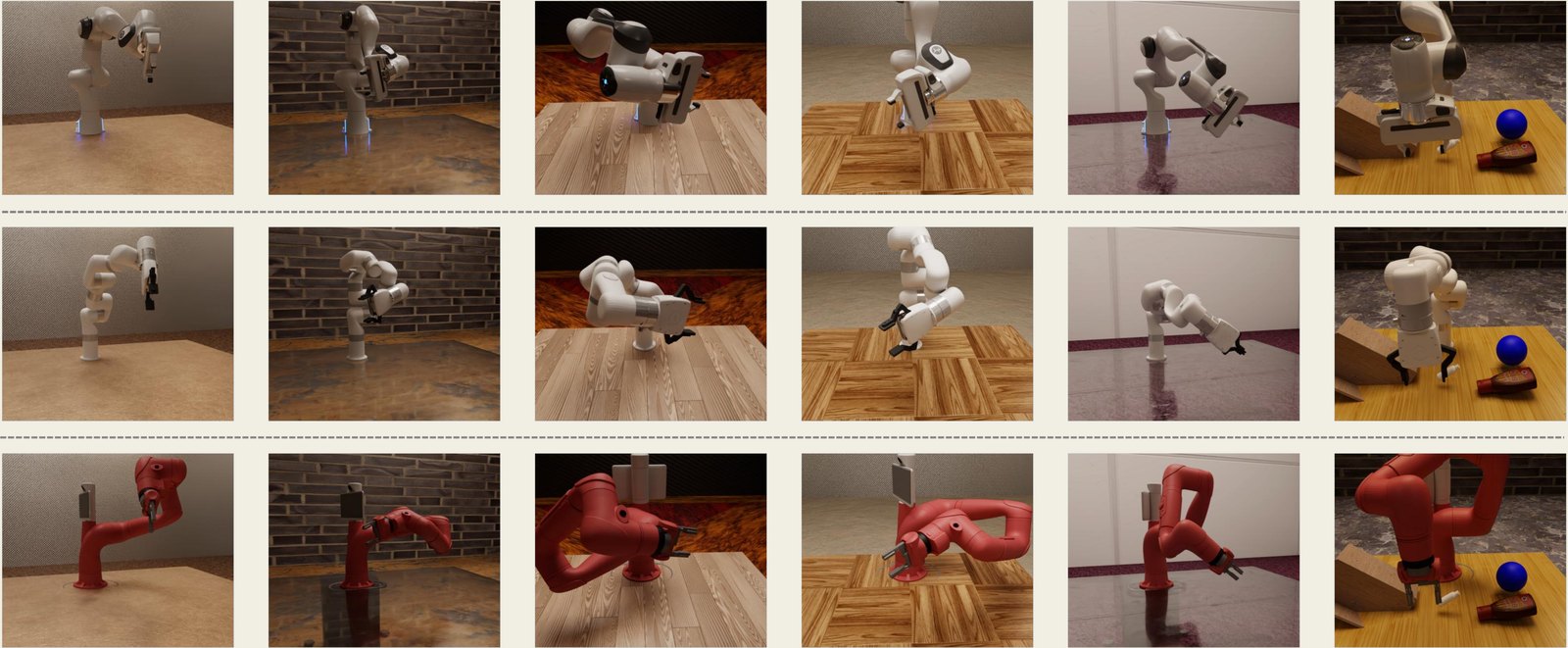 Paired renderings of Franka, xArm7 and Sawyer at matched end-effector poses under randomized scenes